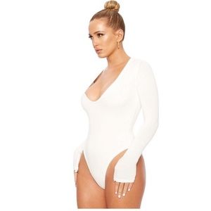 NAKED WARDROBE White Bodysuit V Neck